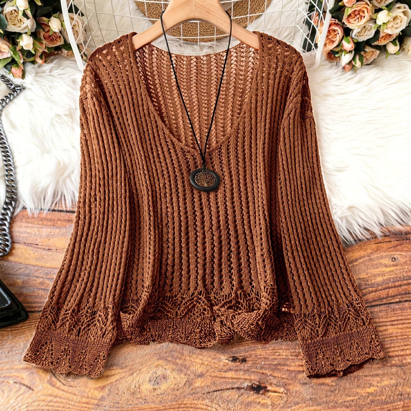 Hollow-out Spring And Summer Long Sleeves Knitted V-neck Plus Size Women's Long-sleeved Sweater