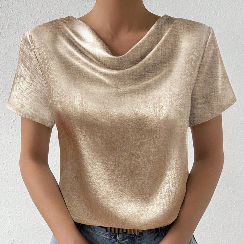 Women's Cowl Neck Short Sleeve Top, Solid Color Loose Fit Summer Office Casual Shirt