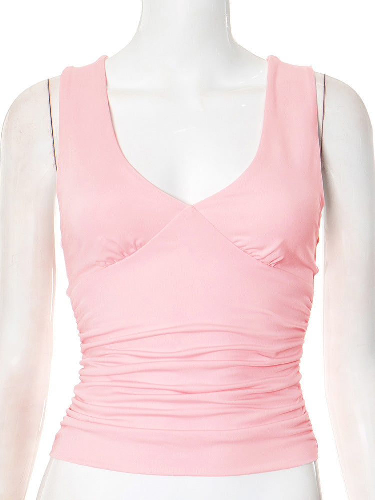 European And American Solid Color And V-neck Pleated Sexy Vest Top For Women