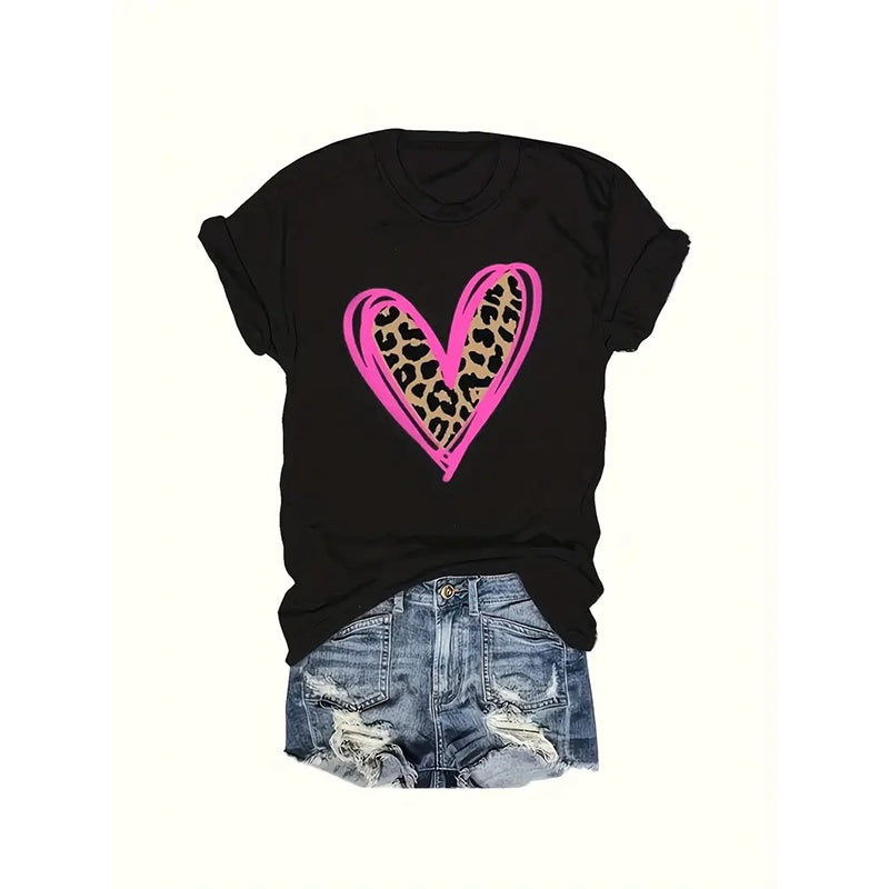 Womens Leopard Heart Graphic T Shirts Summer Short Sleeve Crew Neck Tee Fashion Casual Loose Basic Tops