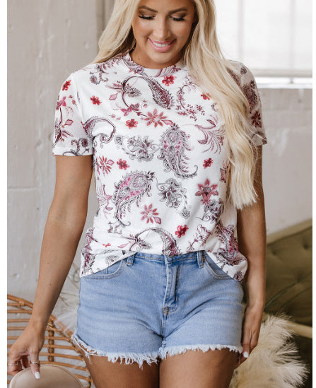 White Vintage Paisley Mock Neck T Shirt