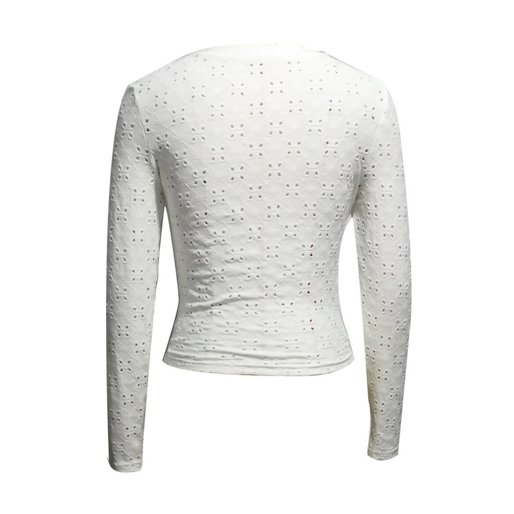 Ladies' Hollowed Out V-neck Fashionable Versatile Shopping Party Hem Irregular Design Elegant Long Sleeved T-shirt Top