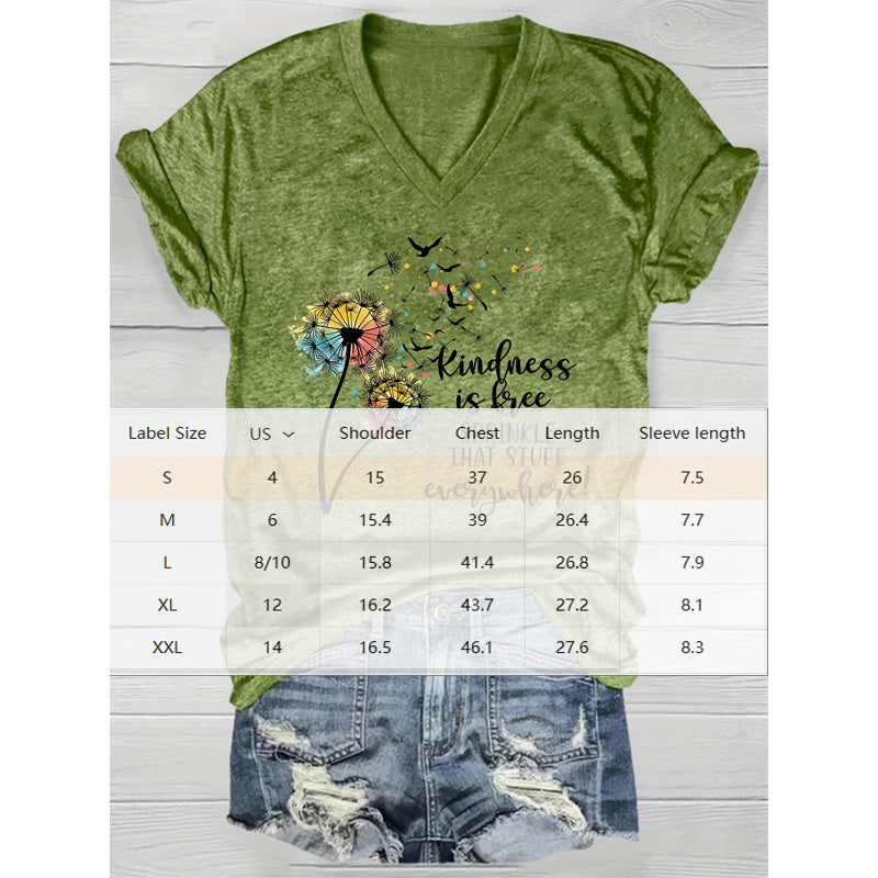 Women's V-Neck Dandelion & Slogan Print Short Sleeve T-Shirt Casual Summer Top