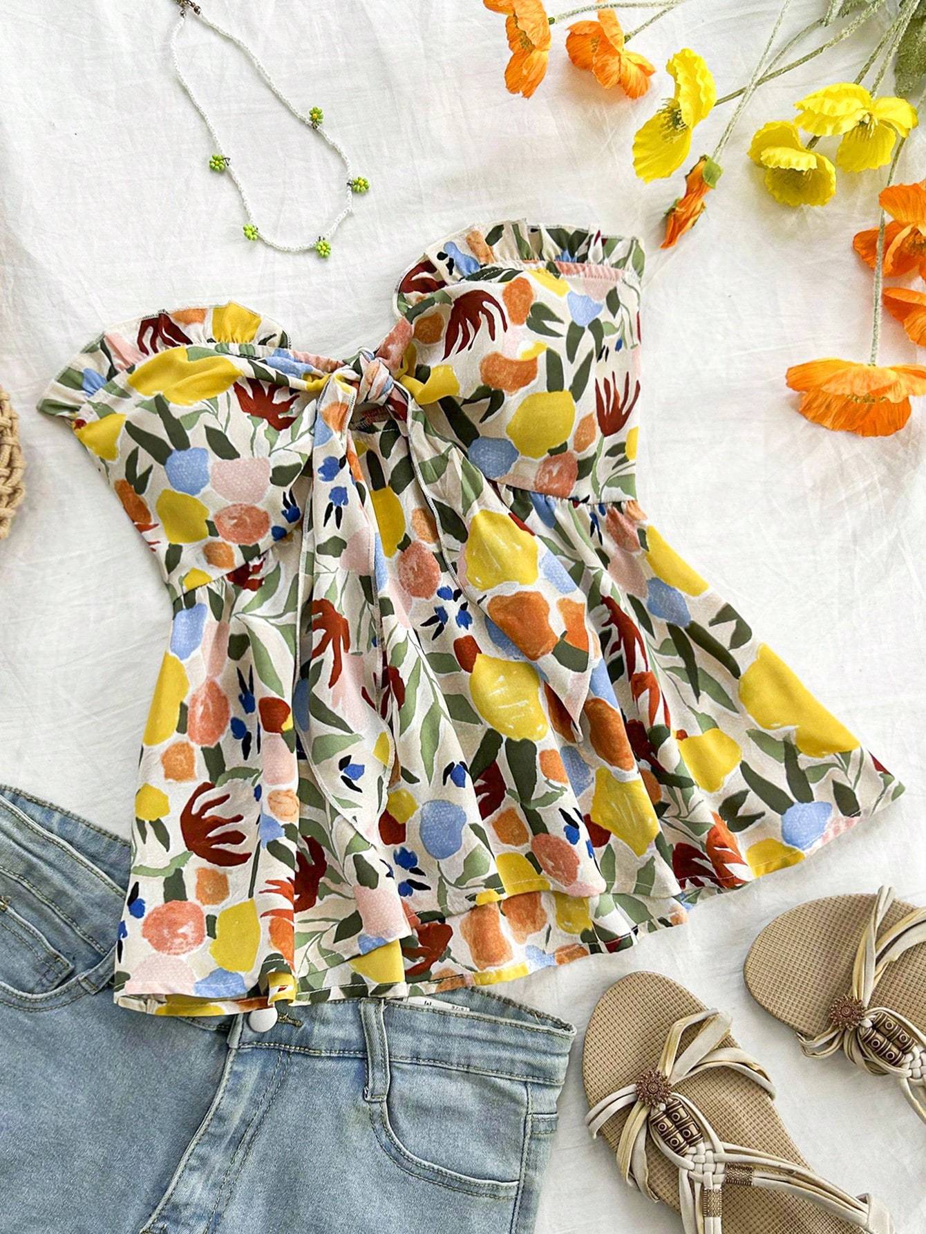 Strapless Cinched Waist Ruffle Hem Floral Printed Vacation Top