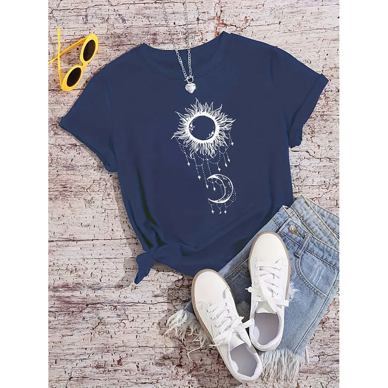 Womens Crew Neck T-Shirts Vintage Graphic Tees Sun And Moon Short Sleeve Vacation Funny Tee Tops