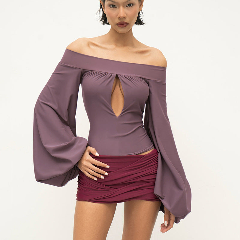 European And American-style Off-neck Lantern Sleeve Hollow-out Top For Women