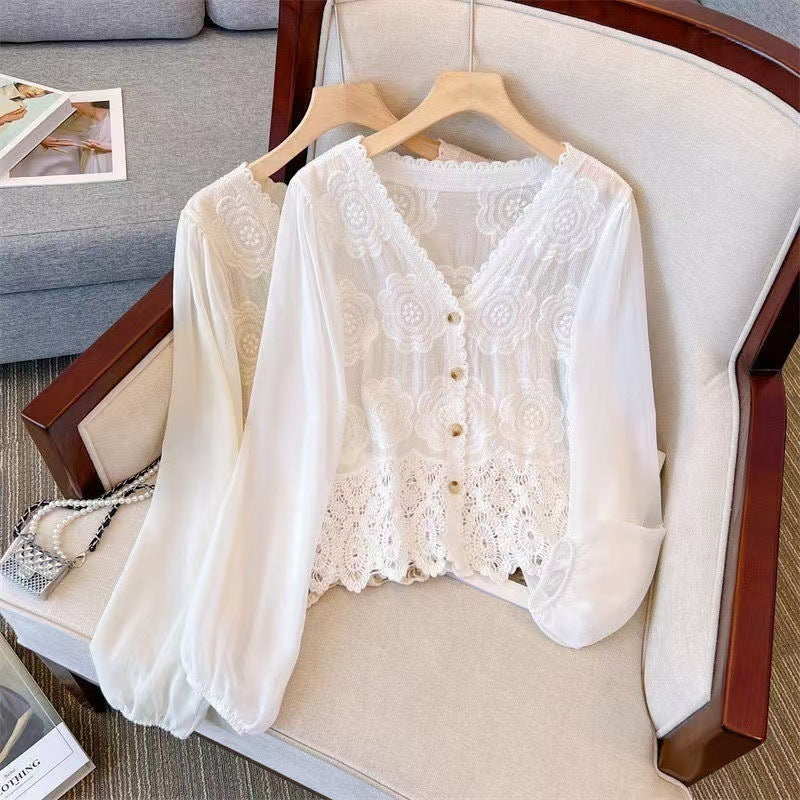 New French Style Summer Hollow-out Shirt Stitching Flying Sleeves Top
