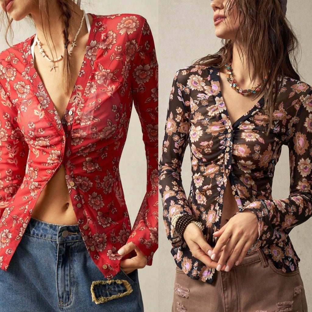 European And American Printed Shirt Women's Slim Fit Slimming Retro Temperament