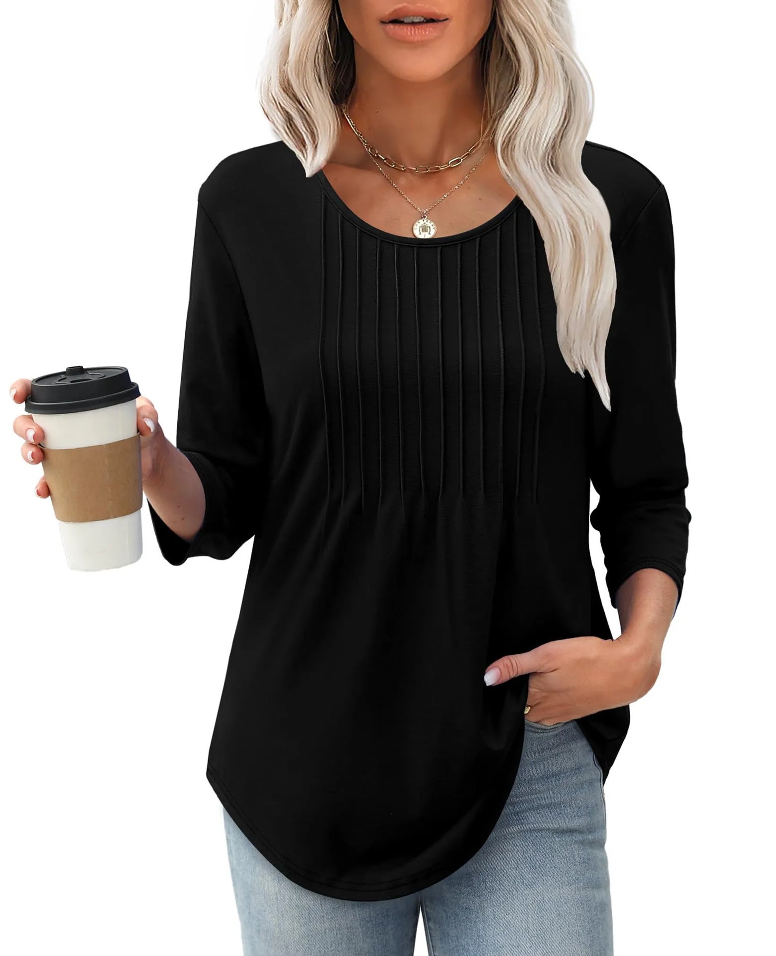 New Women's Long Sleeved Top, Fashionable And Casual Pleated Low Round Neck Women's T-shirt