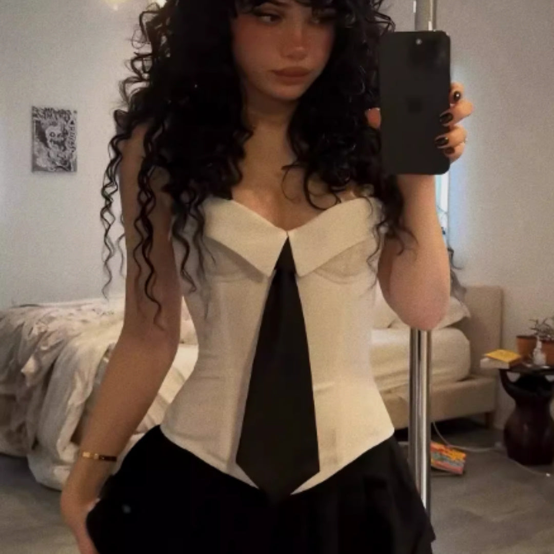 American Style Spicy Girl With Fish Bone Strap, Lapel, Strapless Vest, Female