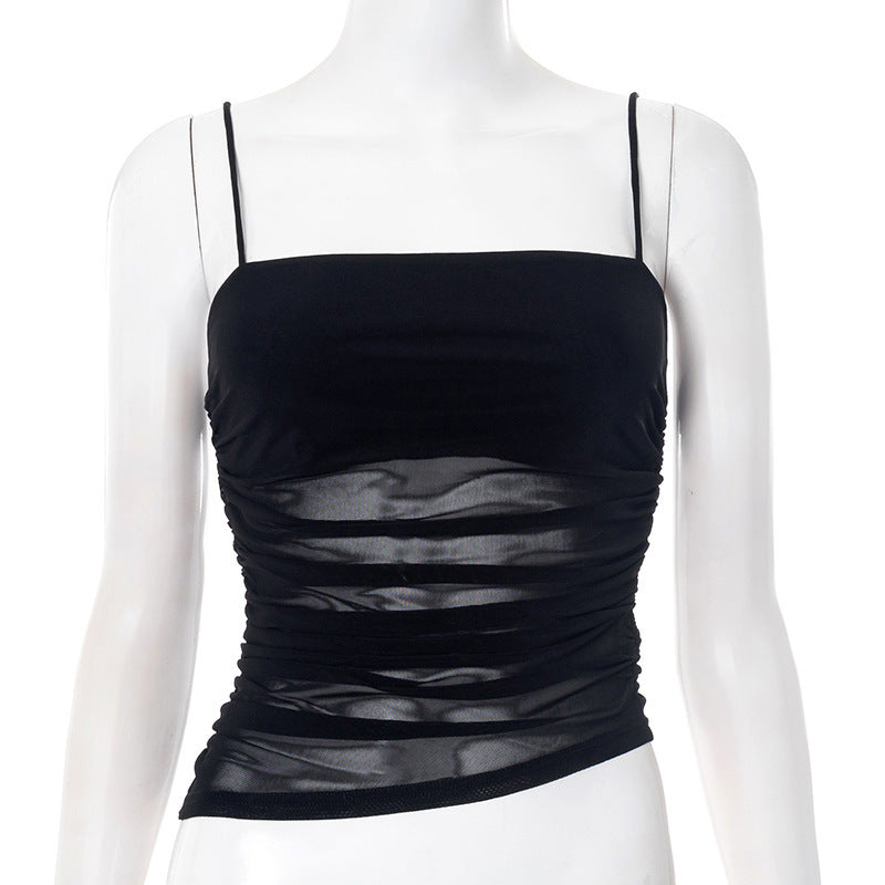 Women's Clothing Mesh Pleats Slim-fitting Suspenders Vest