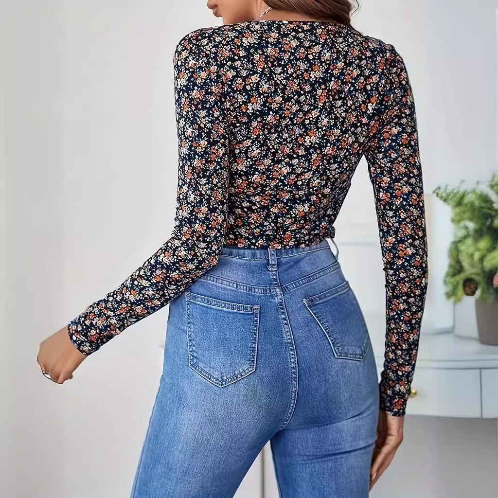 Women's Printed V-neck Top Long Sleeve
