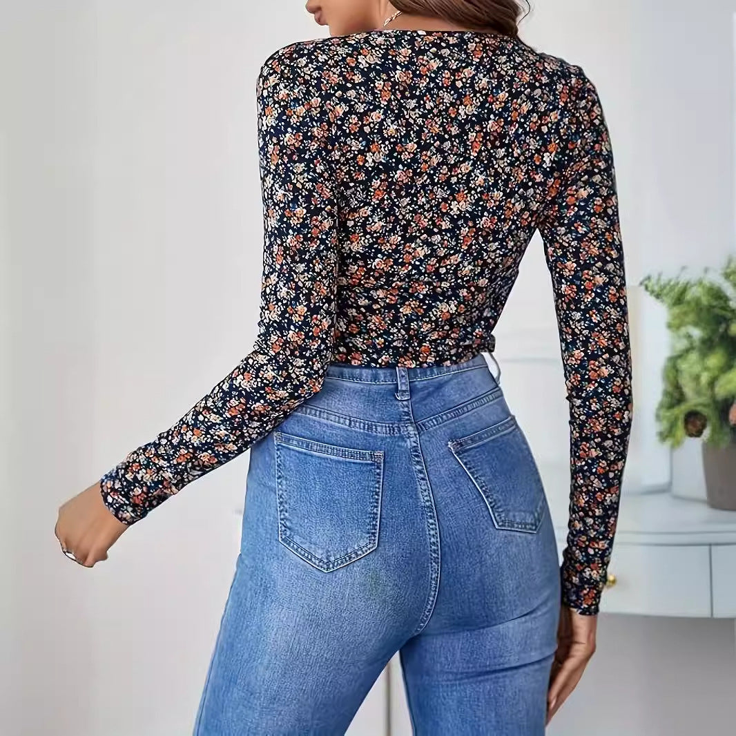 Women's Printed V-neck Top Long Sleeve