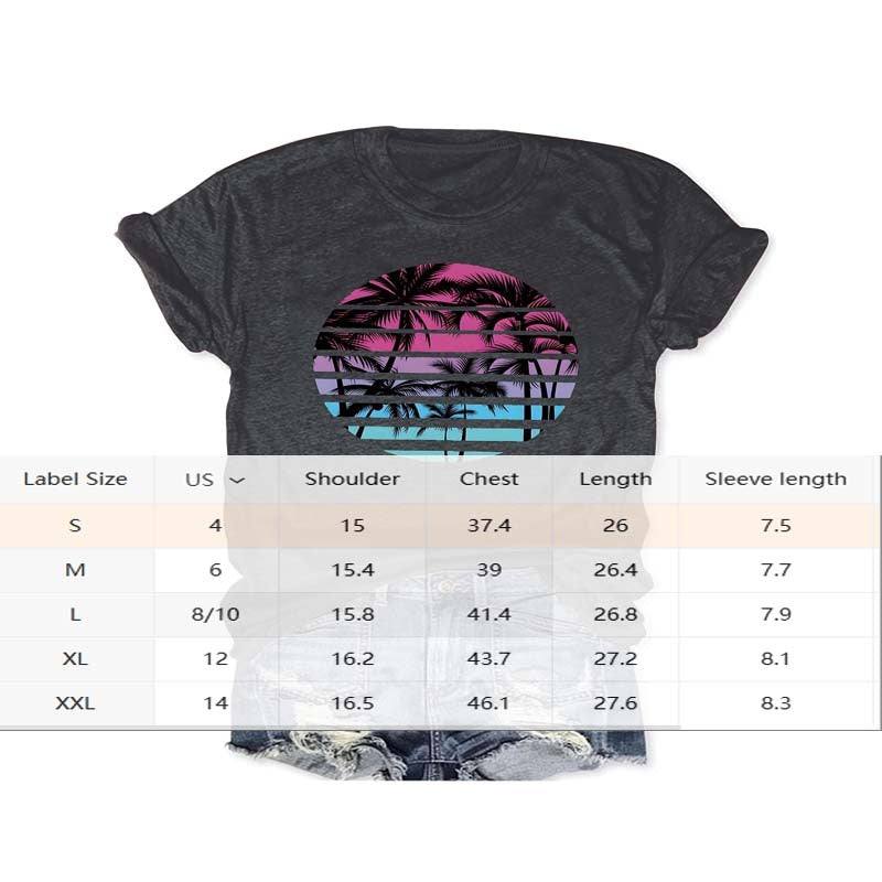 Women's Round Neck Tropical Palm Sunset Print Short Sleeve T-Shirt Casual Summer Vacation Top