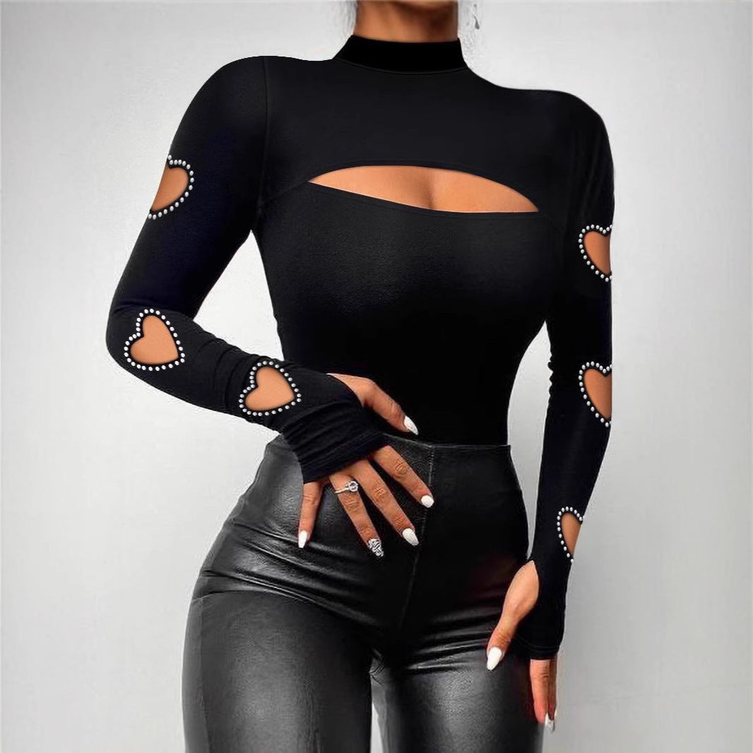 New Slim Fit Hollowed Heart Shape Long Sleeve Top Women's Clothing