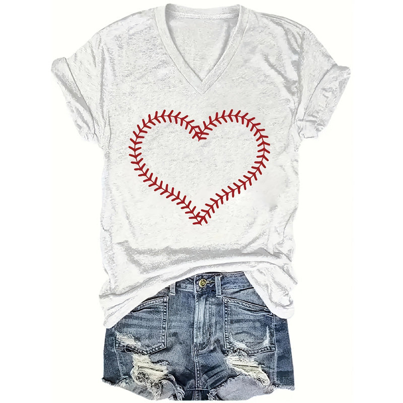 Women's Baseball Heart Graphic V-Neck T-Shirt Short Sleeve Casual Summer Tee
