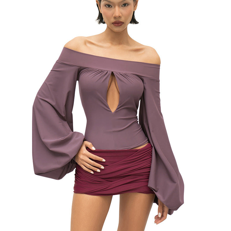 European And American-style Off-neck Lantern Sleeve Hollow-out Top For Women