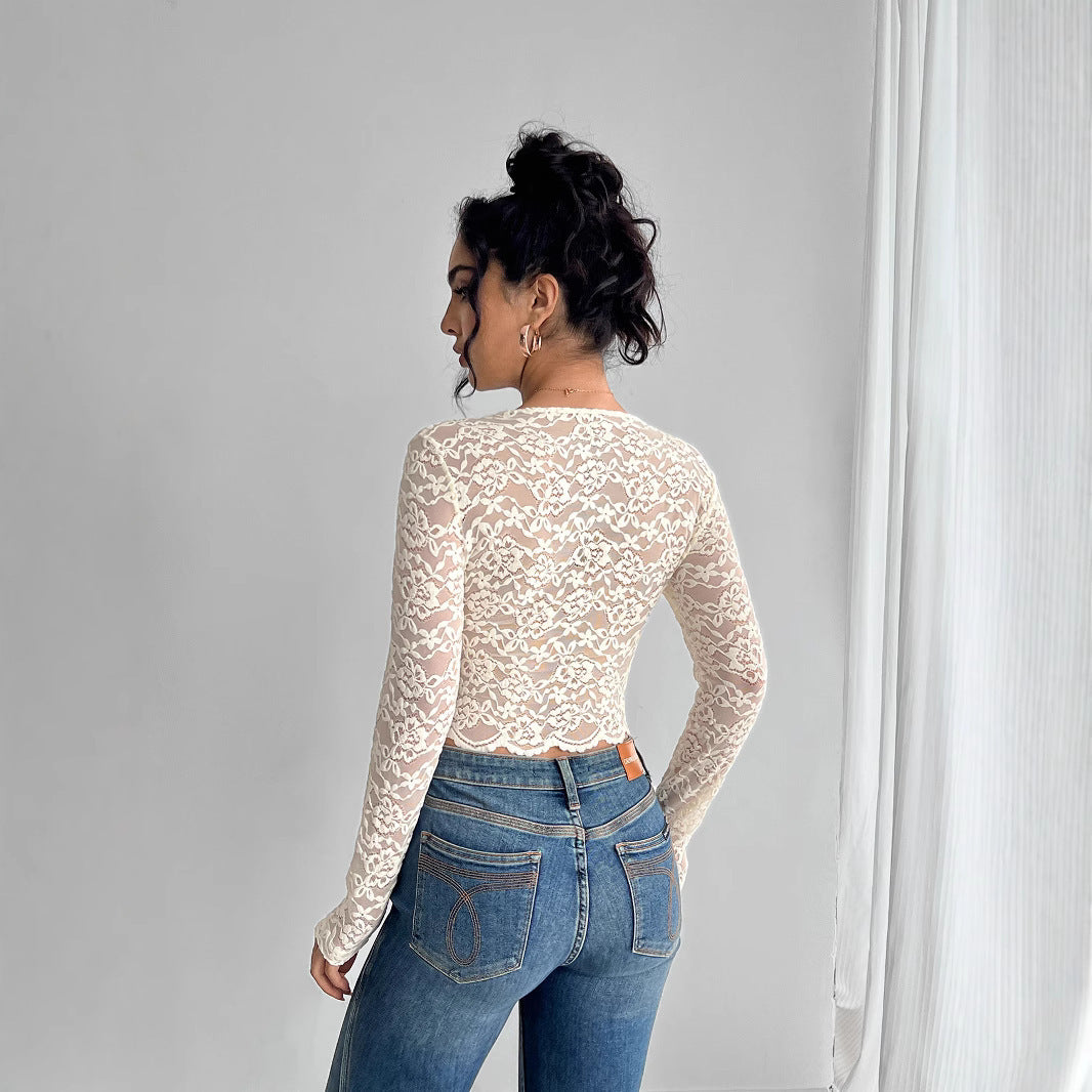 Solid Color Sexy Lace V-neck Long Sleeve T-shirt