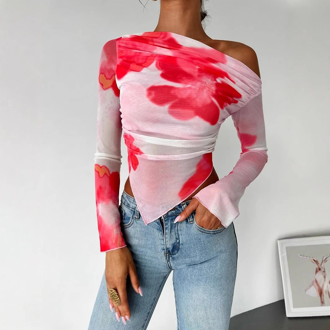 Women's Tie-dye Gradient Floral Mesh Floral Print Top