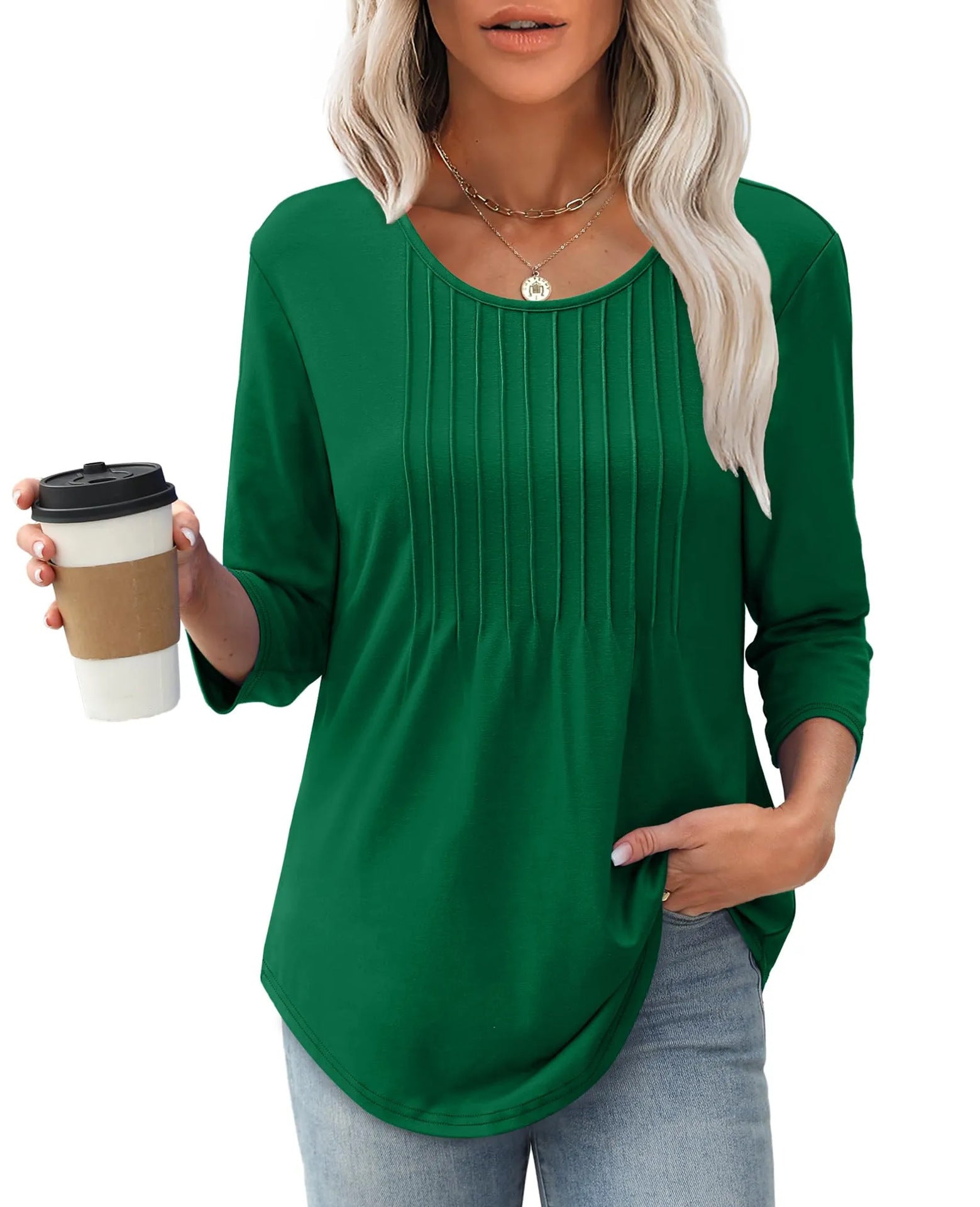 New Women's Long Sleeved Top, Fashionable And Casual Pleated Low Round Neck Women's T-shirt