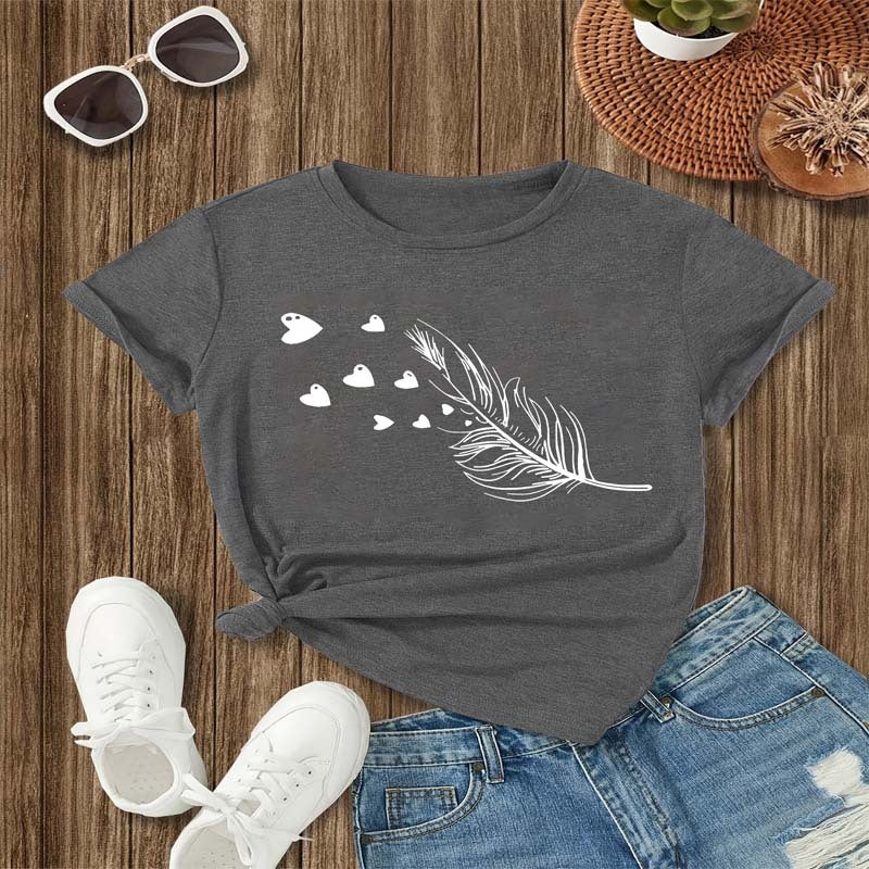 Women's Feather & Heart Print T-Shirt Casual Short Sleeve Crew Neck Summer Top