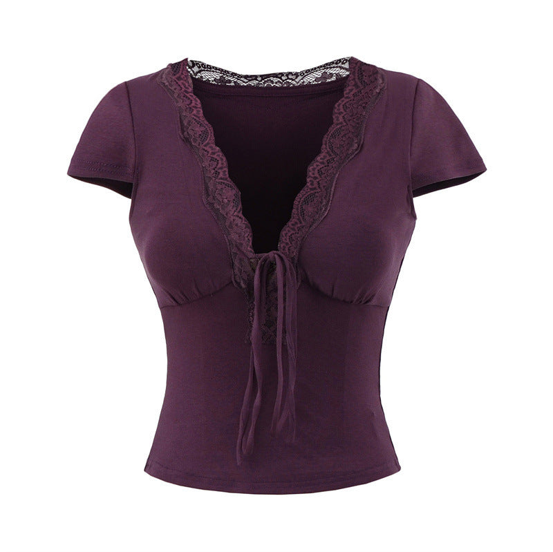 European And American Style Slim Chest Pad Lace V-neck Short Sleeve
