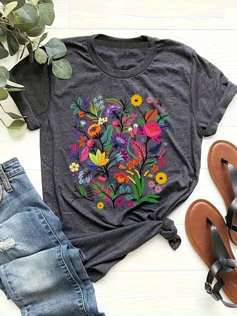 Women's Colorful Flowers Shirt Casual Boho Floral Printed Short Sleeve Graphic Tees Tops