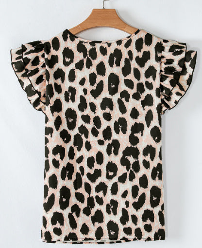 Khaki Leopard Print Layered Ruffled Short Sleeve Blouse