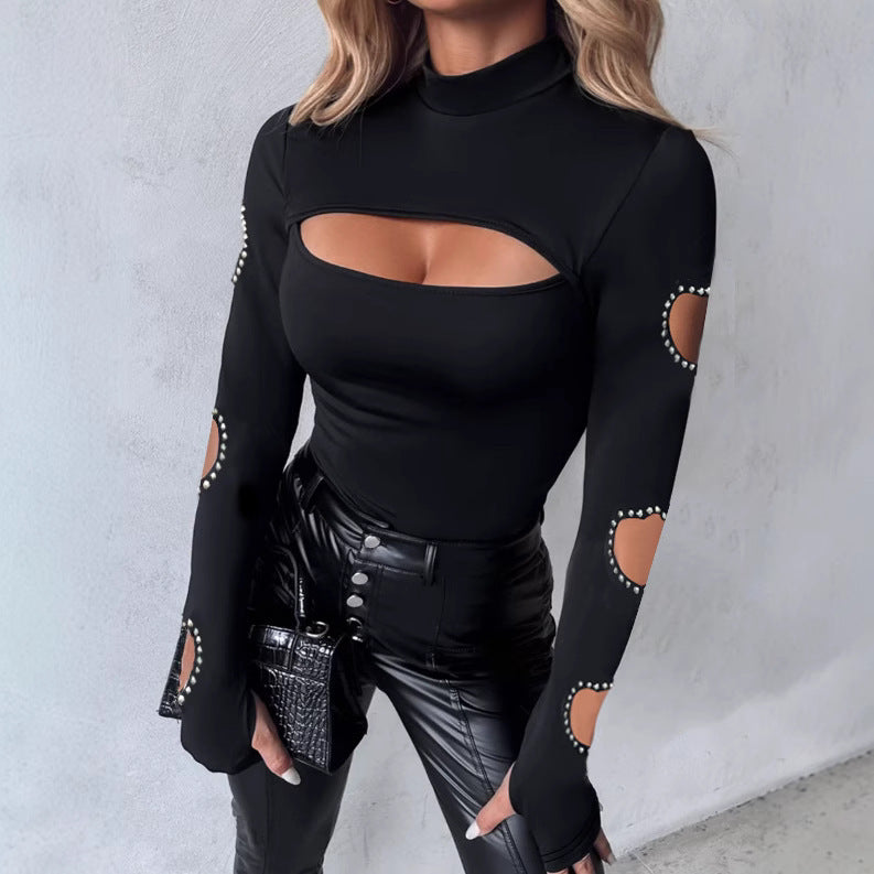 New Slim Fit Hollowed Heart Shape Long Sleeve Top Women's Clothing