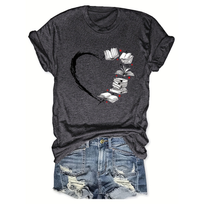 Women's Heart & Book Print T-shirt Casual Short Sleeve Crew Neck Top For Spring & Summer