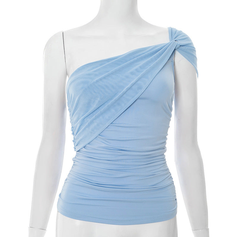 European And American Solid Color Shoulder Tie Mesh Vest T-shirt For Women