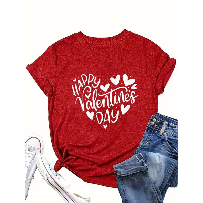 Women's Round Neck Short Sleeve Top Heart-shaped Letter Print Casual Summer Tee