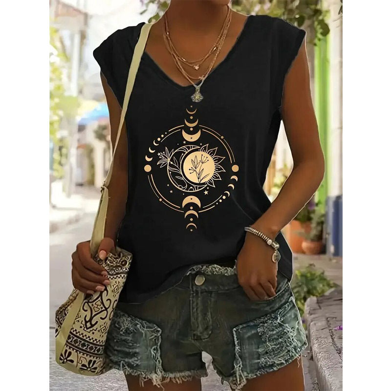 Women's Astronomy Print V-Neck T-Shirt - Galaxy Graphic Casual Summer Top