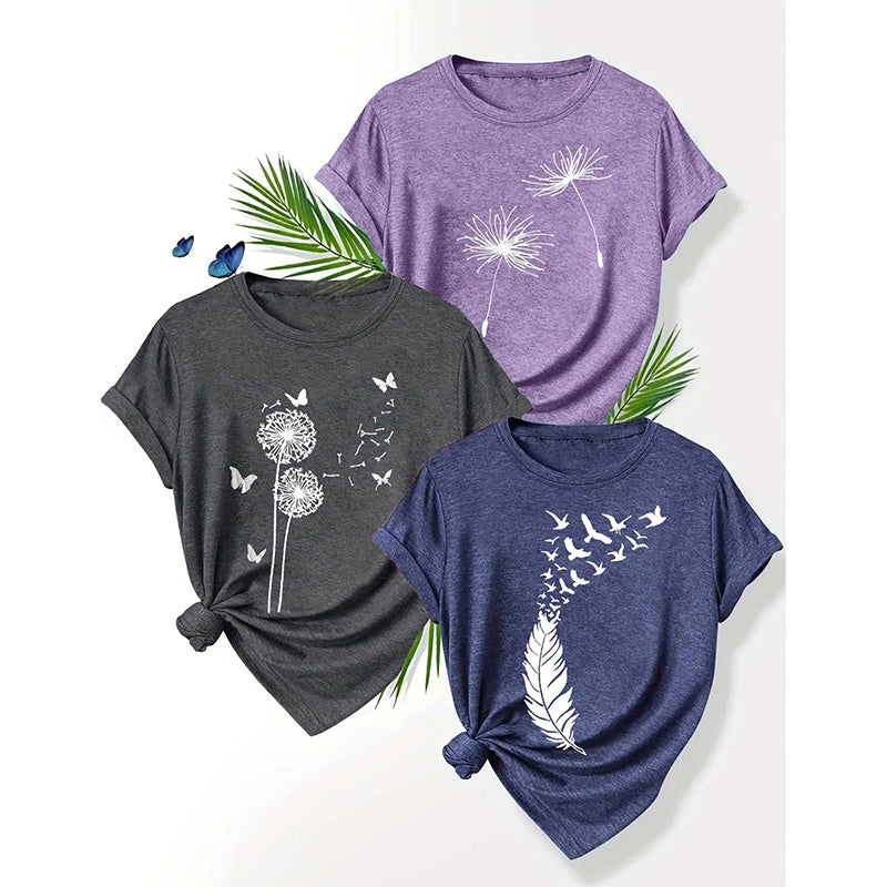 Women's 3 Pack Cute Floral Graphic Tees Short Sleeve Casual Tee Tops Crewneck T Shirts