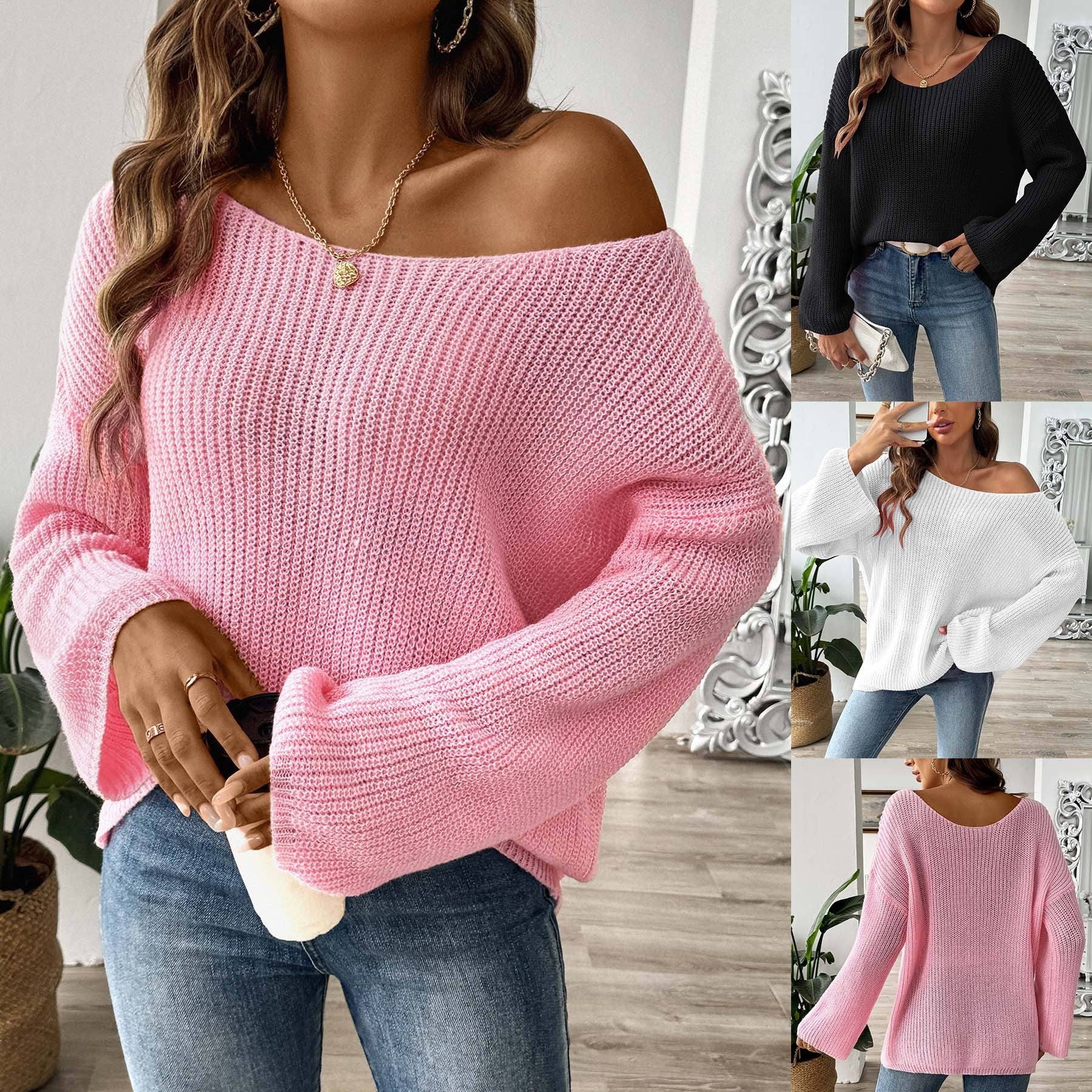 Women's Simple Loose Off Shoulder Off-the-shoulder Flared Sleeves Sweater