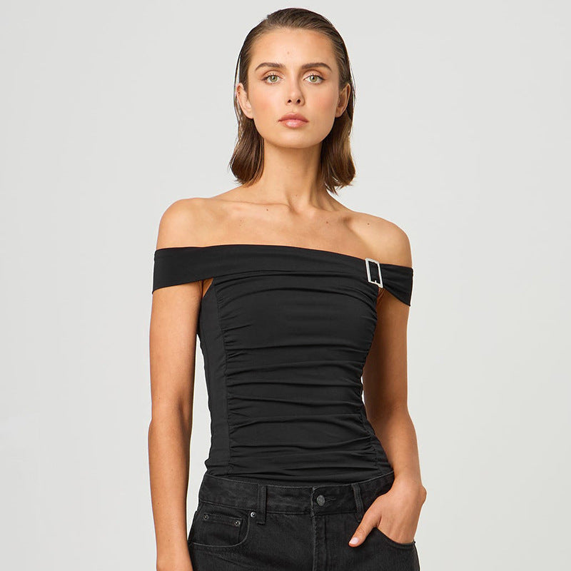 Solid Color Off-neck Pleated Slim Vest T-shirt